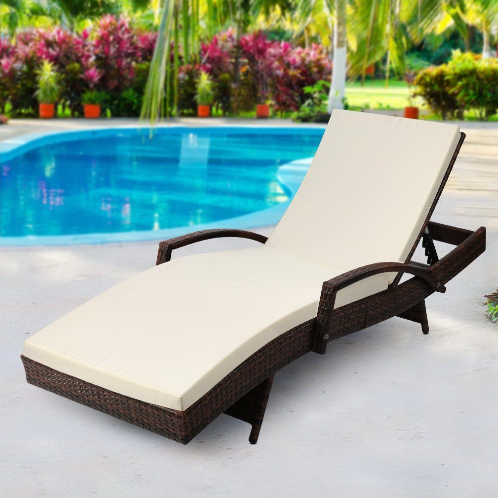 Gardeon Outdoor Sun Lounge in brown with beige cushions, featuring adjustable backrest and elegant design, perfect for outdoor relaxation.