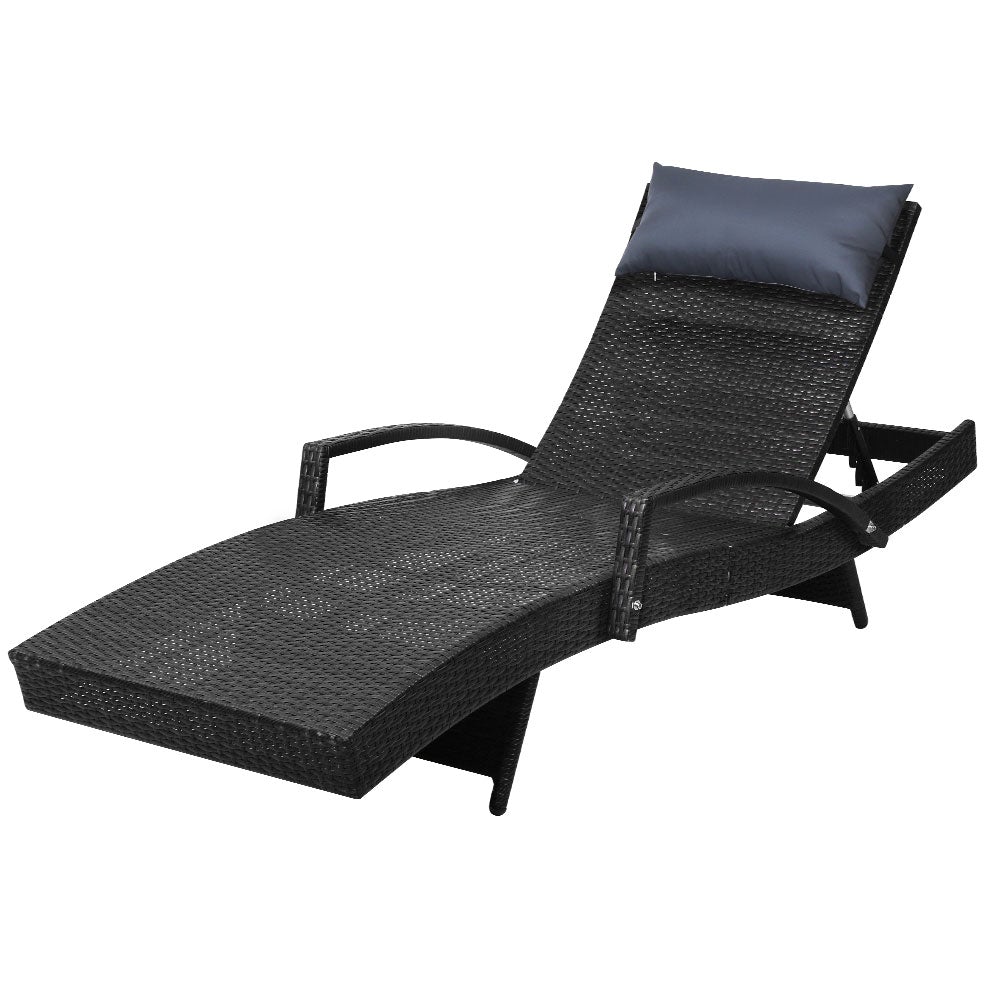 Gardeon Outdoor Sun Lounge Furniture Day Bed in black wicker with adjustable backrest and all-weather pillow, perfect for outdoor relaxation.