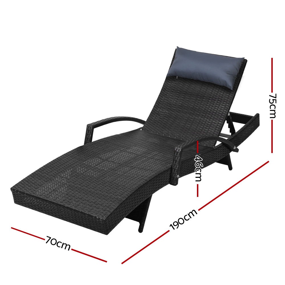 Gardeon Outdoor Sun Lounge Furniture Day Bed in black wicker with adjustable backrest and all-weather pillow, perfect for outdoor relaxation.