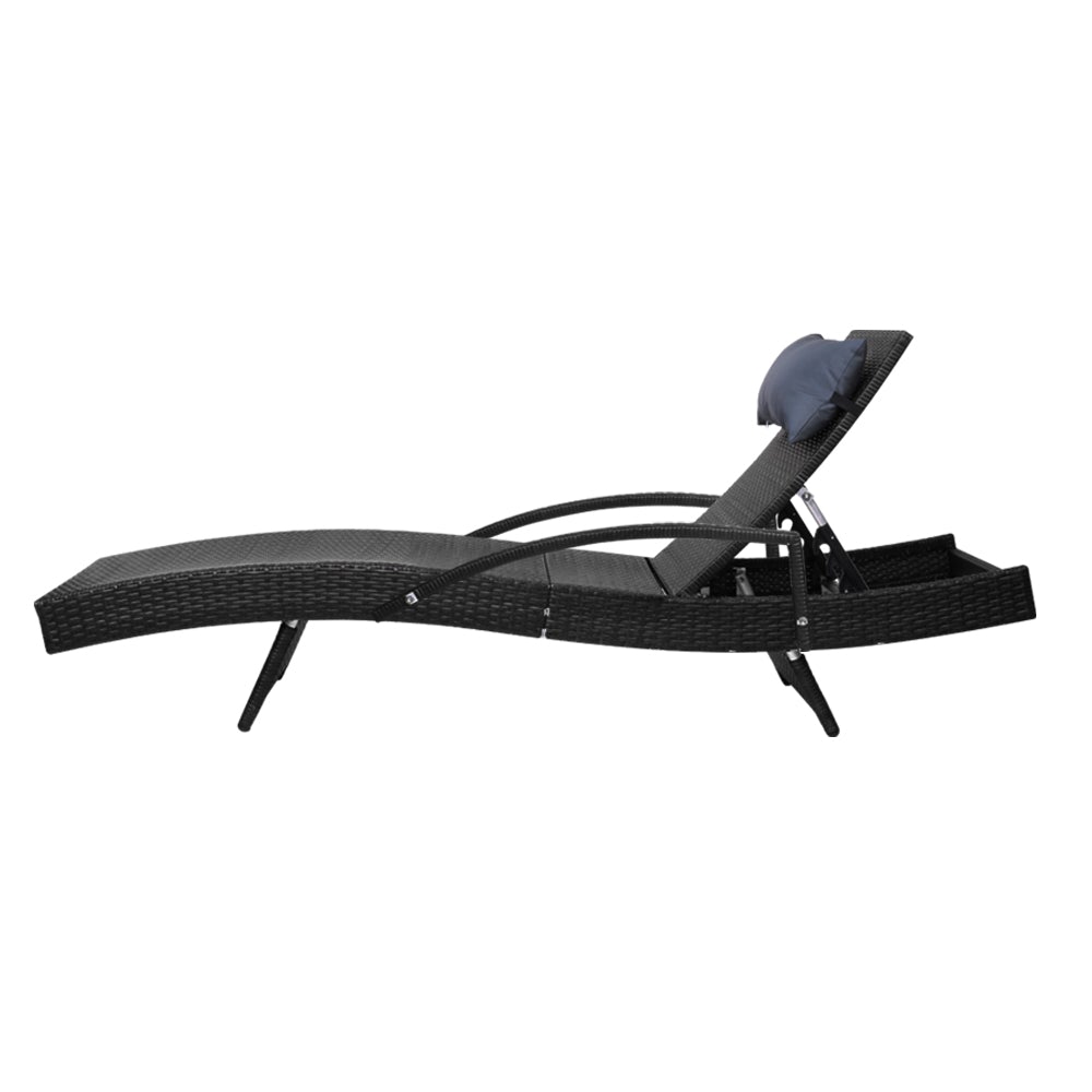 Gardeon Outdoor Sun Lounge Furniture Day Bed in black wicker with adjustable backrest and all-weather pillow, perfect for outdoor relaxation.