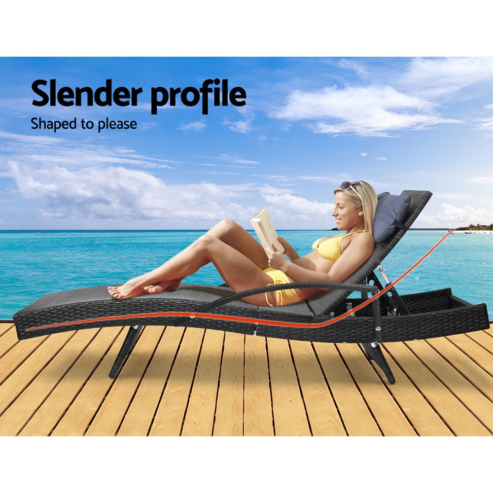 Gardeon Outdoor Sun Lounge Furniture Day Bed in black wicker with adjustable backrest and all-weather pillow, perfect for outdoor relaxation.