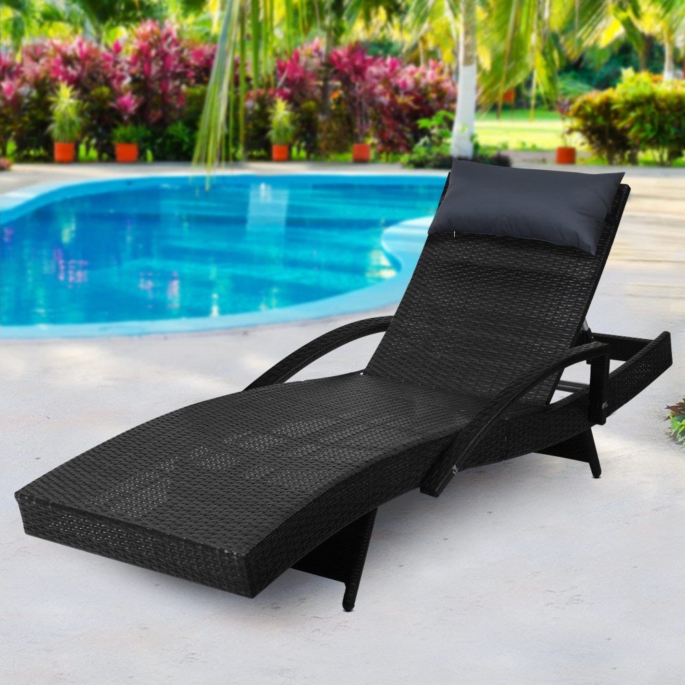 Gardeon Outdoor Sun Lounge Furniture Day Bed in black wicker with adjustable backrest and all-weather pillow, perfect for outdoor relaxation.