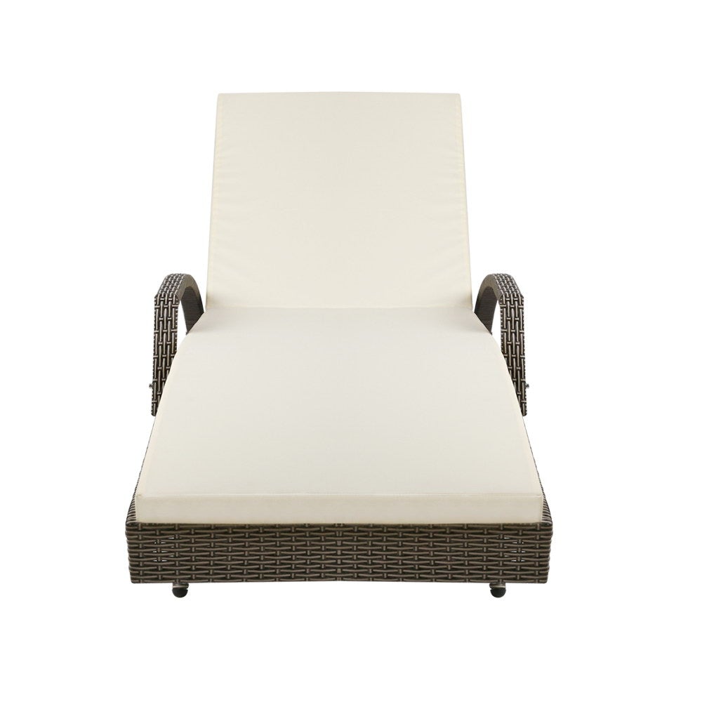 Gardeon Outdoor Sun Lounge in grey with beige cushions, featuring adjustable backrest and reversible armrests, set in a garden.