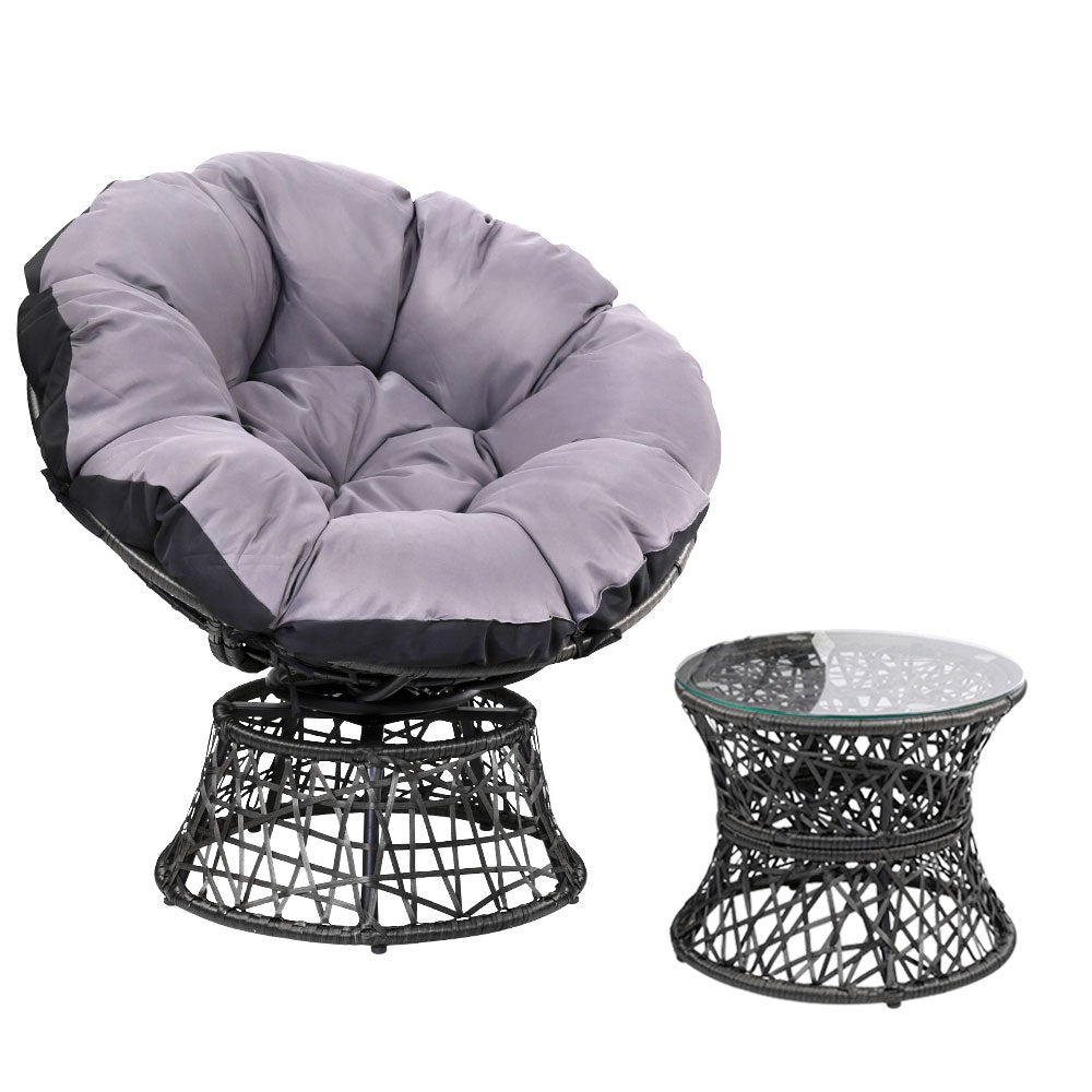 Gardeon Papasan Chair and Side Table in Black with plush cushion and glass top, perfect for indoor and outdoor relaxation.