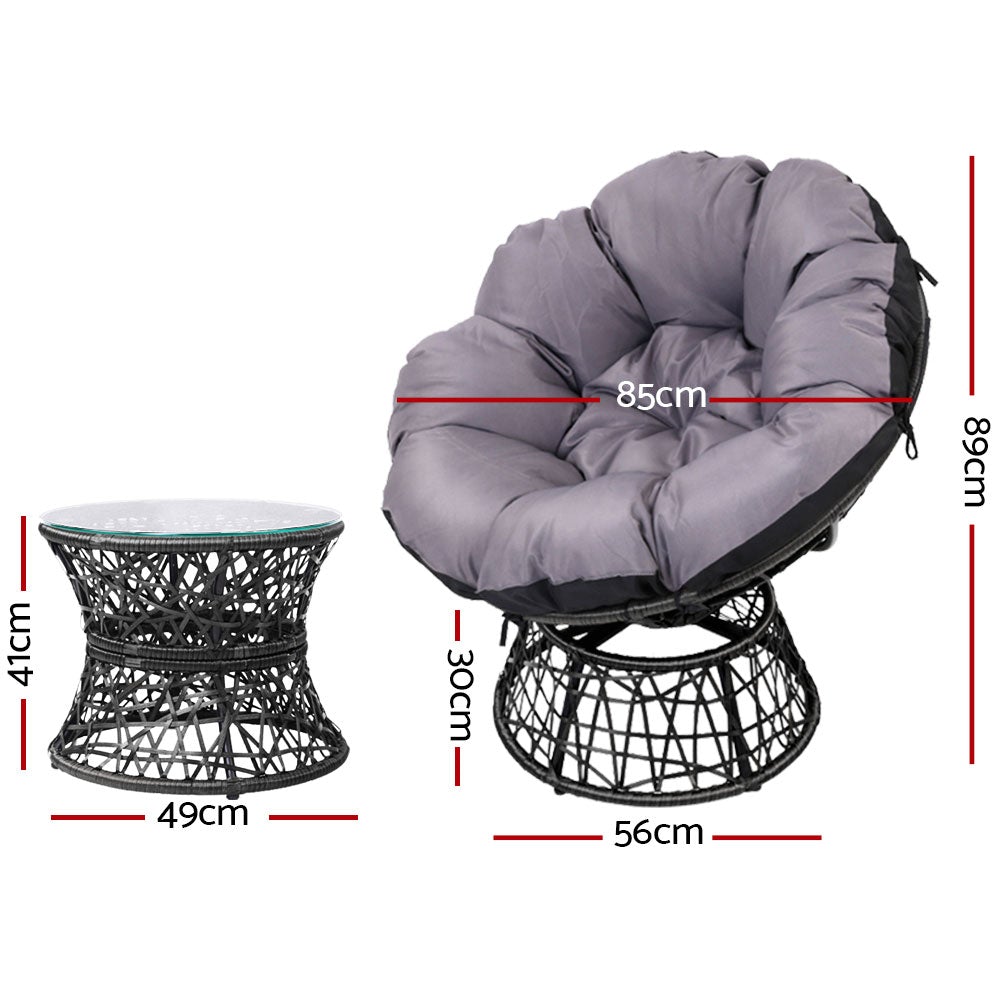 Gardeon Papasan Chair and Side Table in Black with plush cushion and glass top, perfect for indoor and outdoor relaxation.