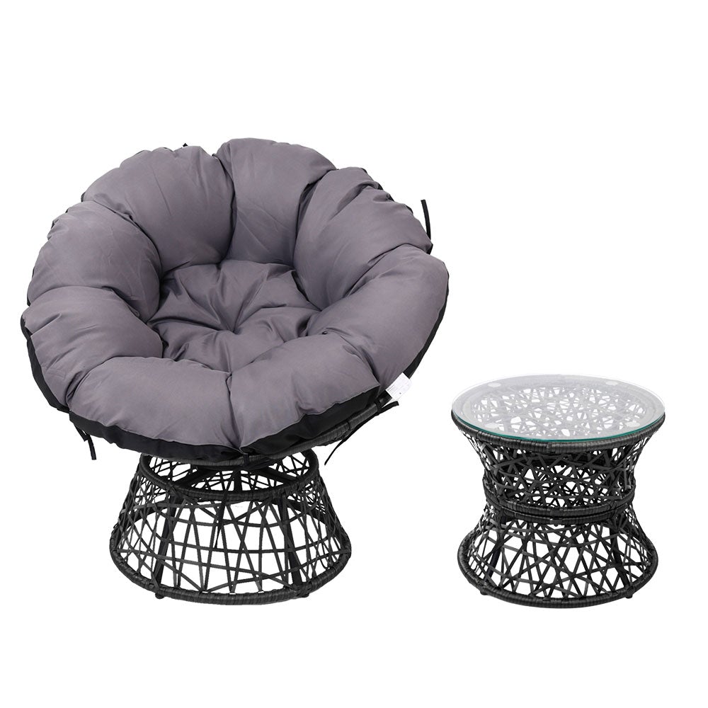 Gardeon Papasan Chair and Side Table in Black with plush cushion and glass top, perfect for indoor and outdoor relaxation.