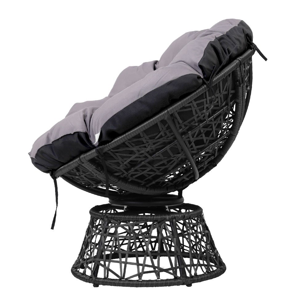 Gardeon Papasan Chair and Side Table in Black with plush cushion and glass top, perfect for indoor and outdoor relaxation.