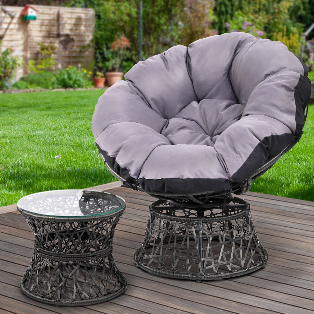 Gardeon Papasan Chair and Side Table in Black with plush cushion and glass top, perfect for indoor and outdoor relaxation.