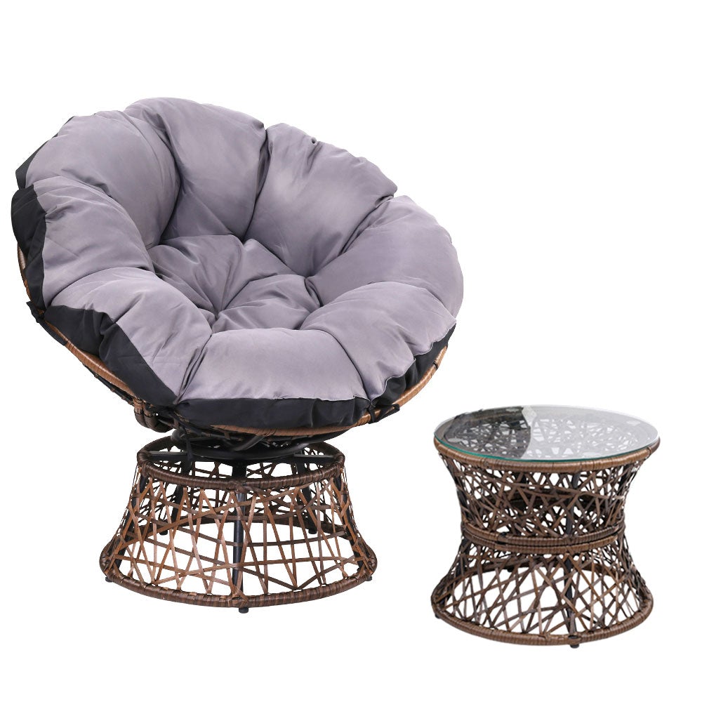 Gardeon Papasan Chair and Side Table set in brown, featuring a round wicker chair with thick padding and a matching side table with a glass top.