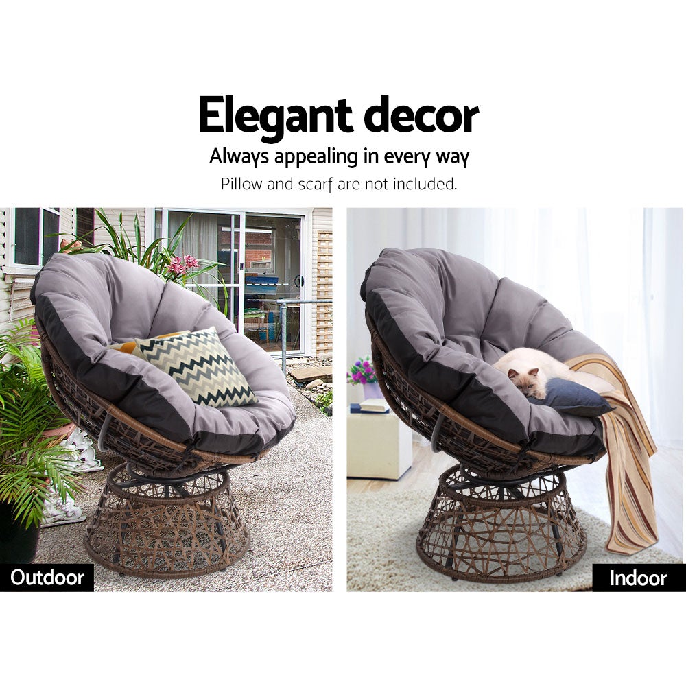 Gardeon Papasan Chair and Side Table set in brown, featuring a round wicker chair with thick padding and a matching side table with a glass top.