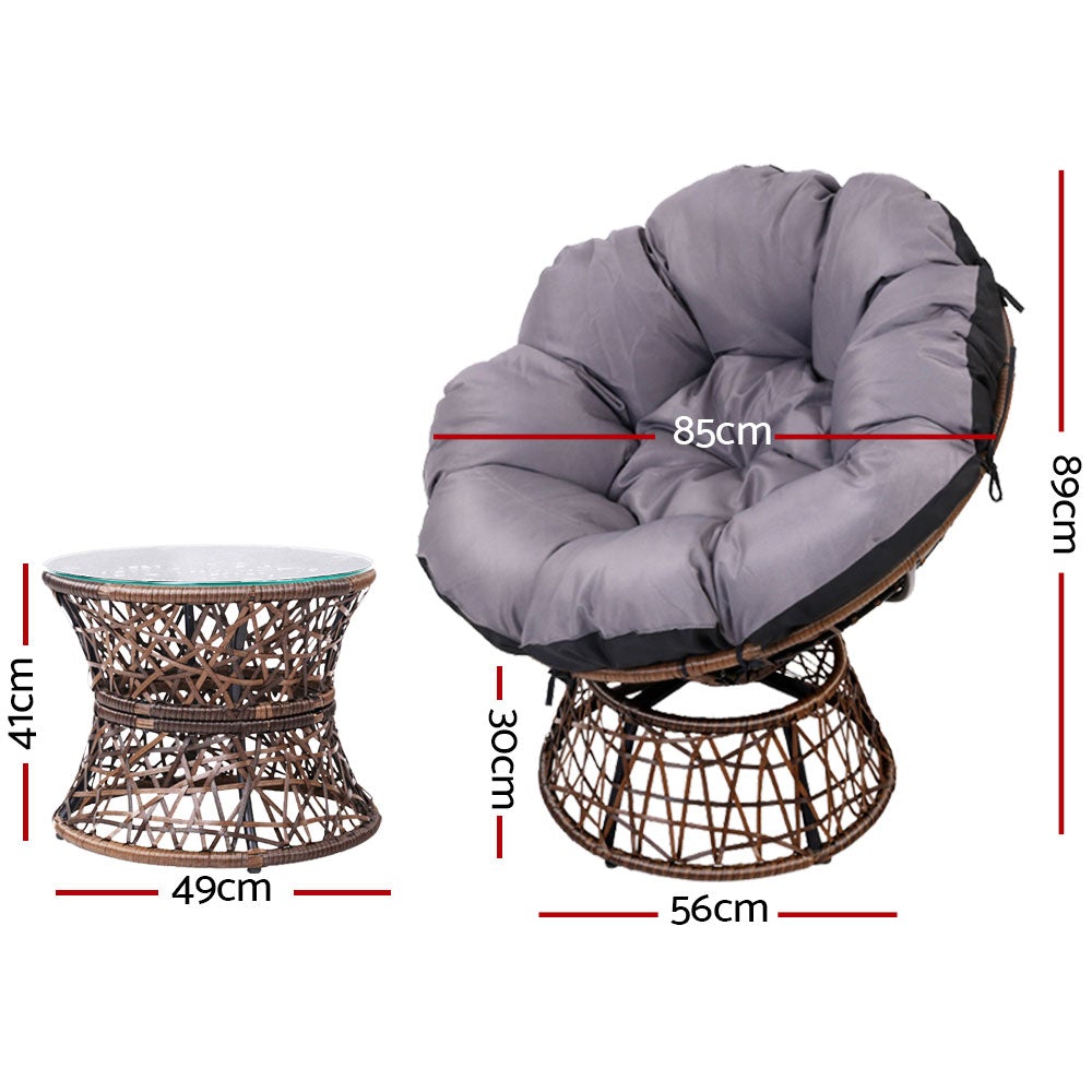 Gardeon Papasan Chair and Side Table set in brown, featuring a round wicker chair with thick padding and a matching side table with a glass top.