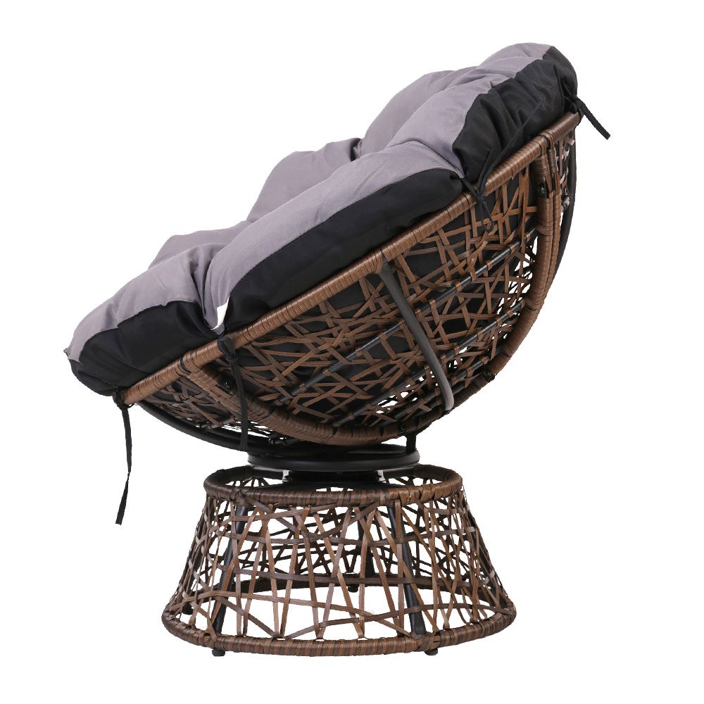 Gardeon Papasan Chair and Side Table set in brown, featuring a round wicker chair with thick padding and a matching side table with a glass top.