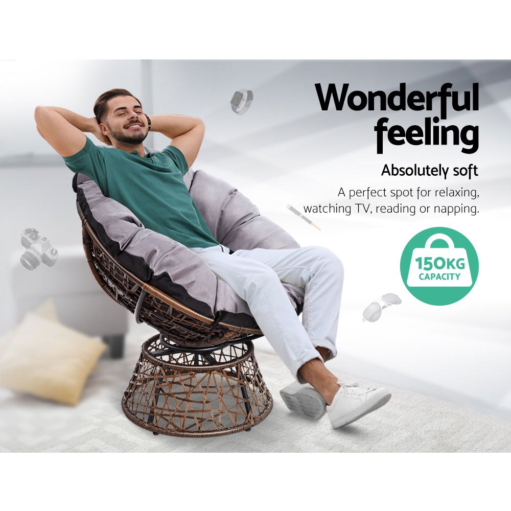 Gardeon Papasan Chair in brown with thick cushion, showcasing its stylish design and durable construction, perfect for indoor and outdoor use.