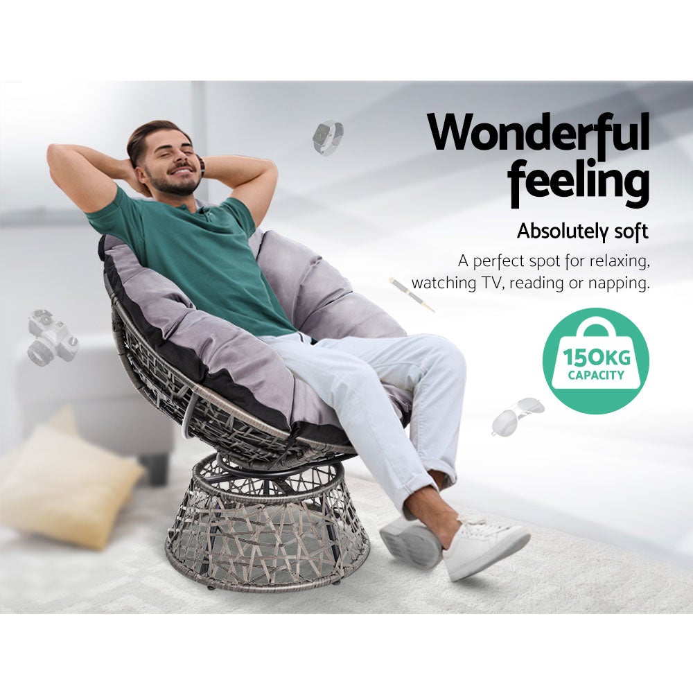 Gardeon Papasan Chair in Grey with thick padding and durable wicker design, perfect for indoor and outdoor relaxation.