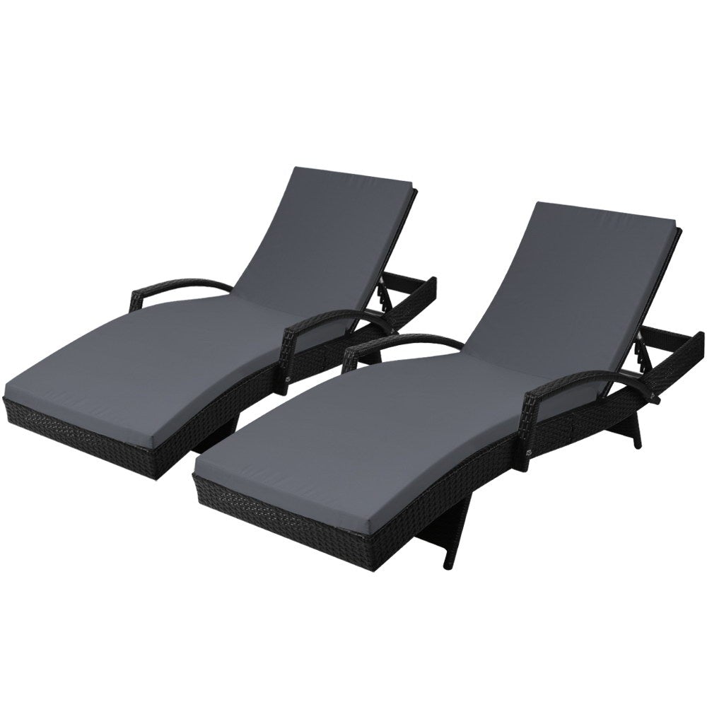 Gardeon Set of 2 Outdoor Sun Lounge Chairs with Cushions in black and grey, featuring a sleek design and adjustable backrest.