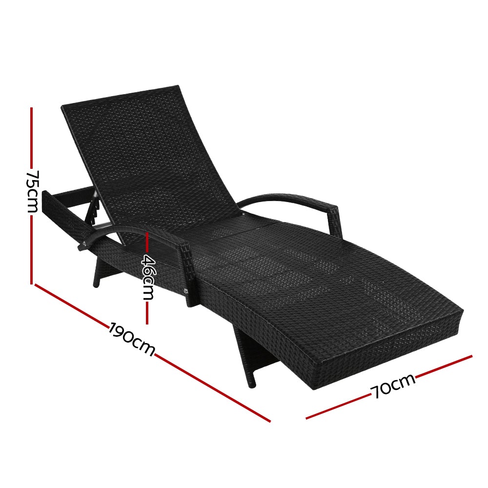 Gardeon Set of 2 Outdoor Sun Lounge Chairs with Cushions in black and grey, featuring a sleek design and adjustable backrest.