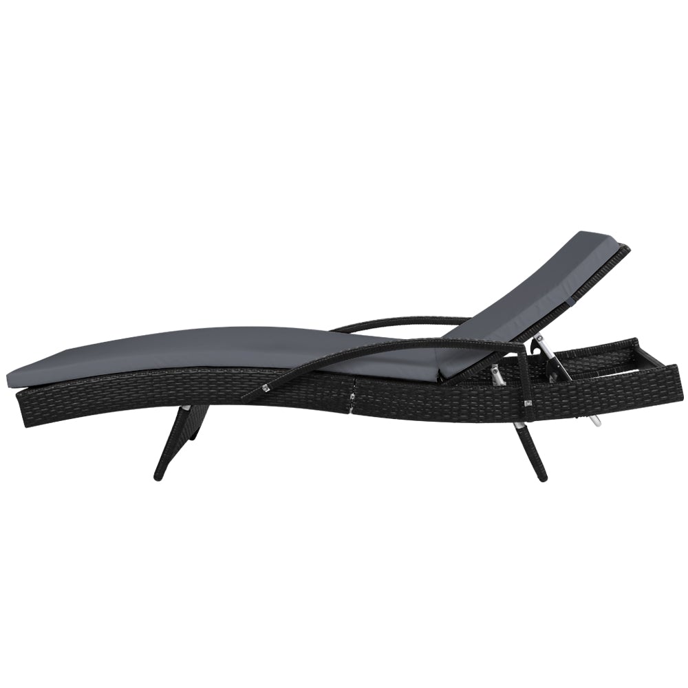 Gardeon Set of 2 Outdoor Sun Lounge Chairs with Cushions in black and grey, featuring a sleek design and adjustable backrest.