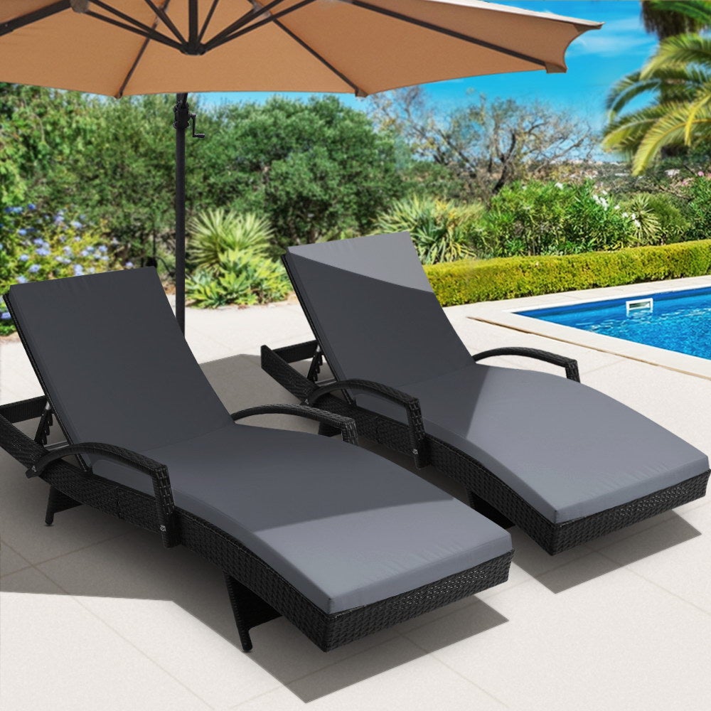 Gardeon Set of 2 Outdoor Sun Lounge Chairs with Cushions in black and grey, featuring a sleek design and adjustable backrest.