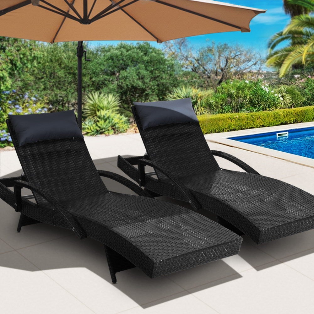 Gardeon Set of 2 Sun Lounge Outdoor Furniture featuring stylish wicker design and adjustable armrests, perfect for outdoor relaxation.