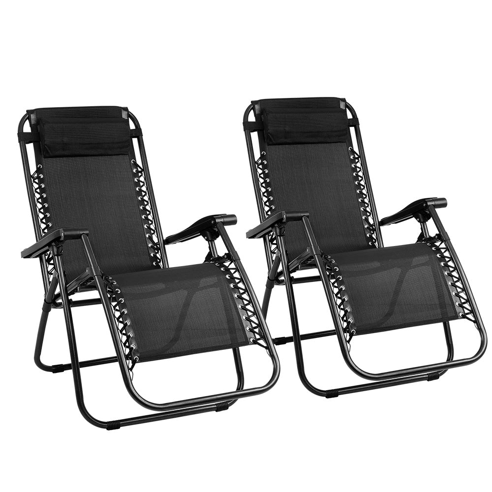 Gardeon Set of 2 Zero Gravity Chairs in black, featuring a ventilated mesh seat and adjustable reclining positions, perfect for outdoor relaxation.