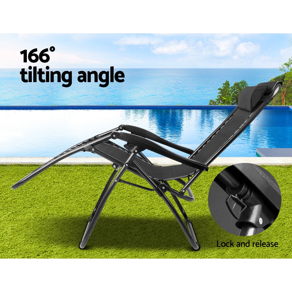 Gardeon Set of 2 Zero Gravity Chairs in black, featuring a ventilated mesh seat and adjustable reclining positions, perfect for outdoor relaxation.