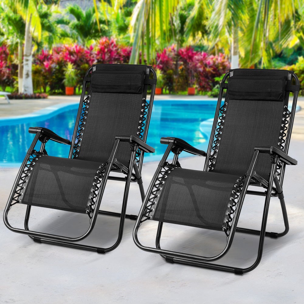 Gardeon Set of 2 Zero Gravity Chairs in black, featuring a ventilated mesh seat and adjustable reclining positions, perfect for outdoor relaxation.