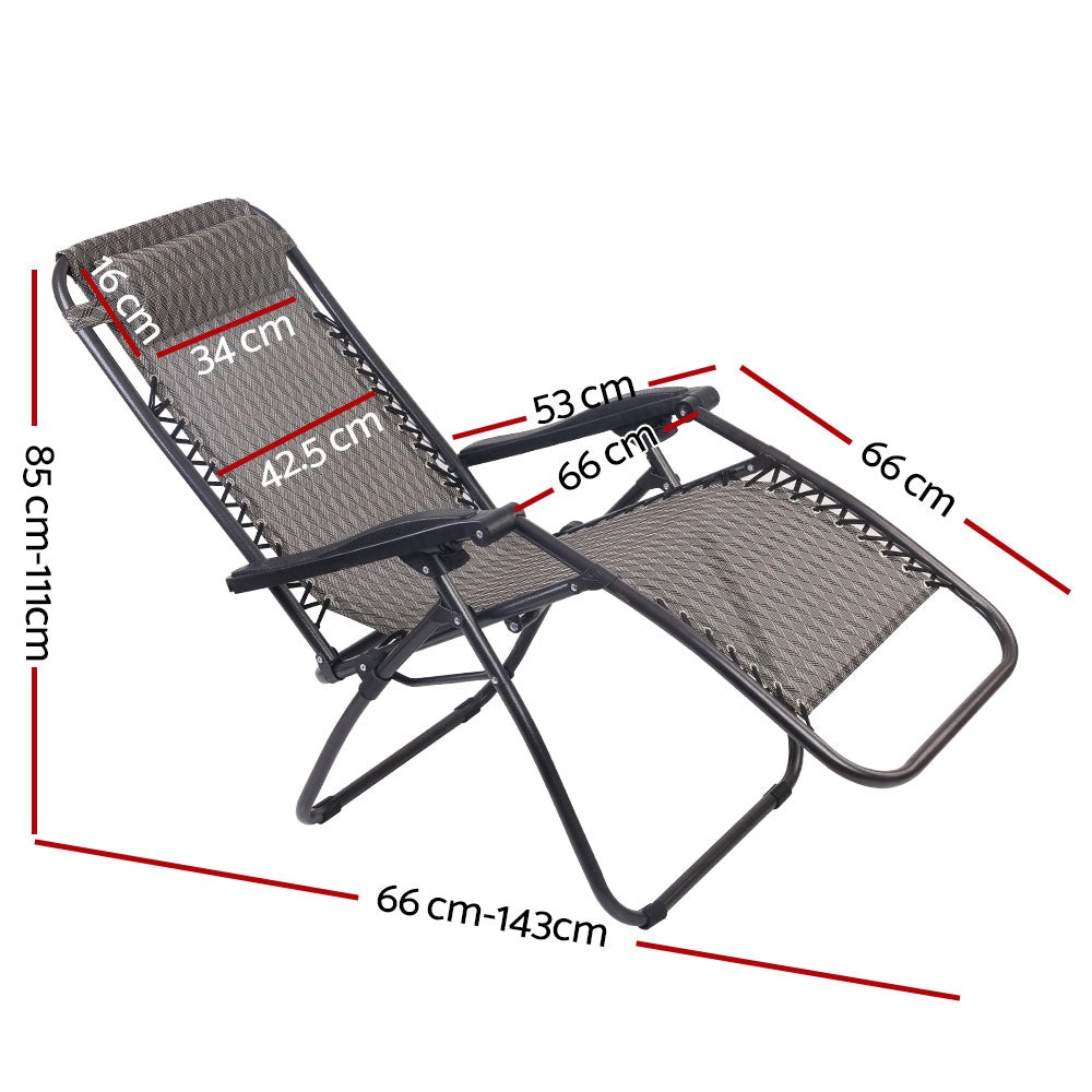 Gardeon Set of 2 Zero Gravity Chairs in grey, featuring a sleek design and adjustable reclining positions, perfect for outdoor relaxation.