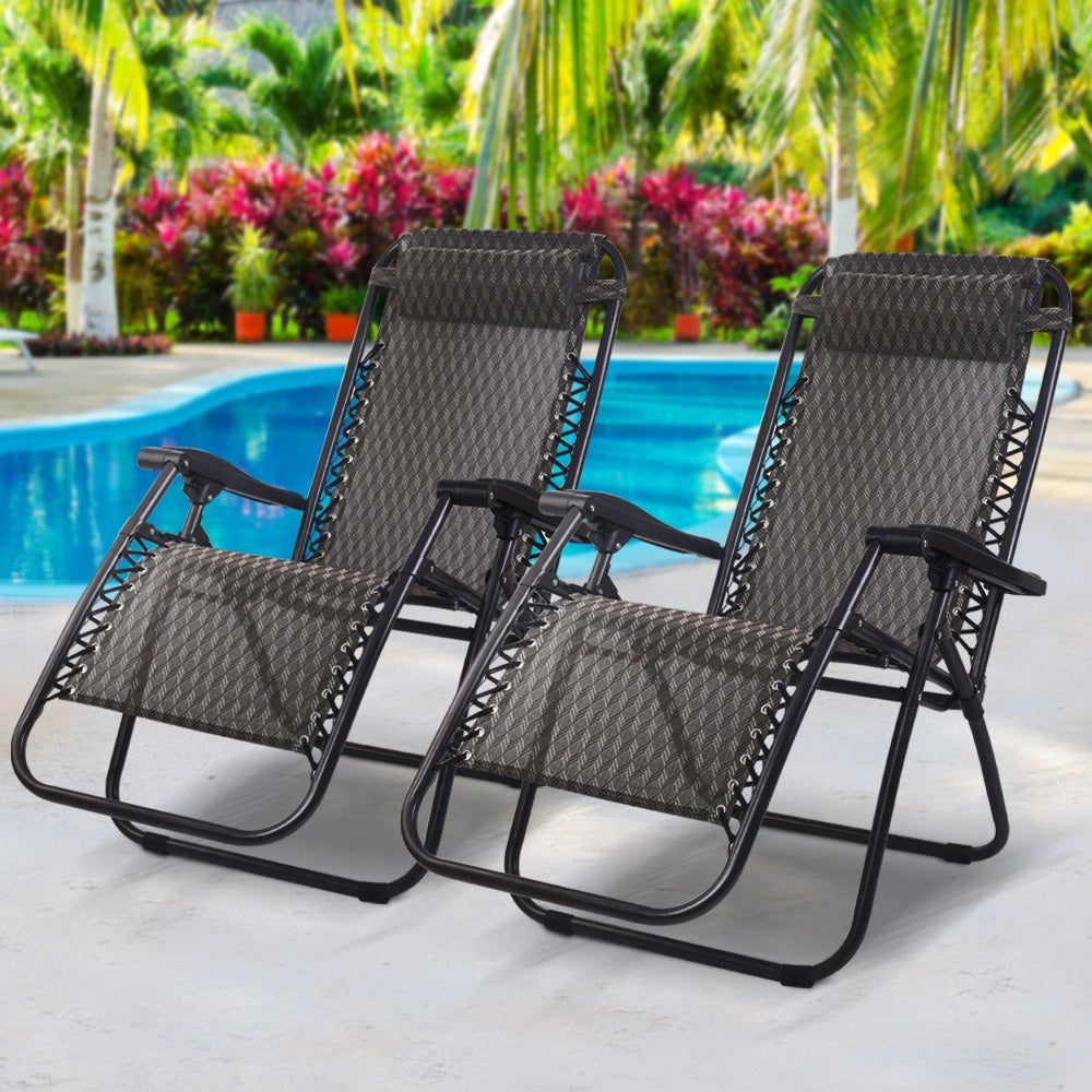 Gardeon Set of 2 Zero Gravity Chairs in grey, featuring a sleek design and adjustable reclining positions, perfect for outdoor relaxation.