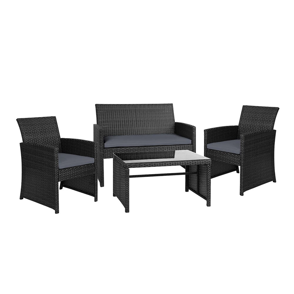 Gardeon Set of 4 Outdoor Wicker Chairs and Table in Black with grey cushions, showcasing a modern design suitable for outdoor and indoor use.