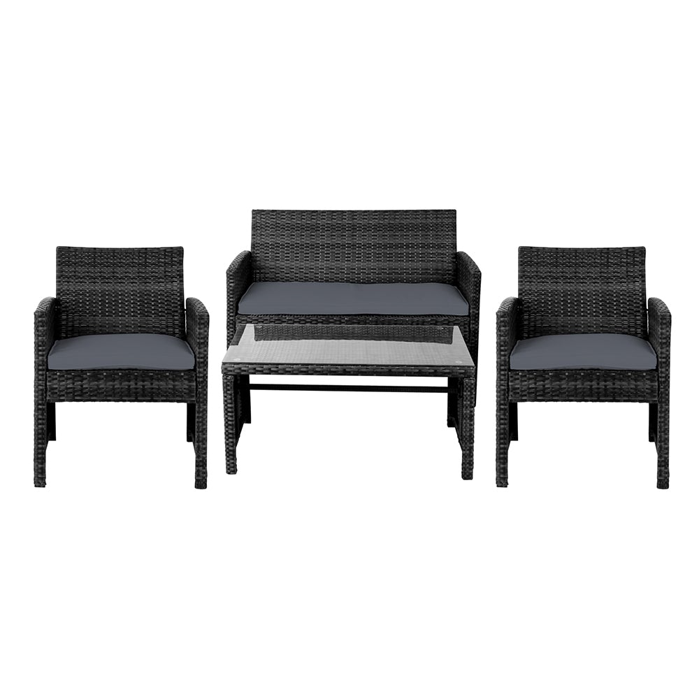 Gardeon Set of 4 Outdoor Wicker Chairs and Table in Black with grey cushions, showcasing a modern design suitable for outdoor and indoor use.