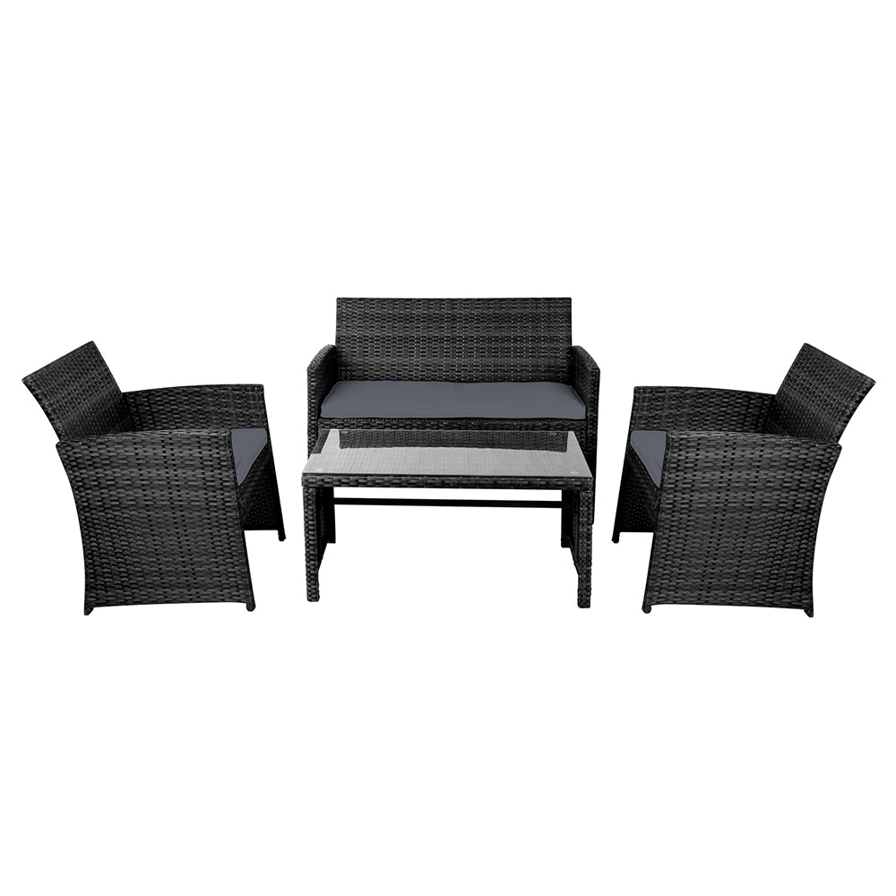 Gardeon Set of 4 Outdoor Wicker Chairs and Table in Black with grey cushions, showcasing a modern design suitable for outdoor and indoor use.