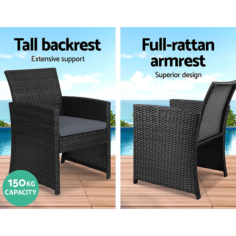 Gardeon Set of 4 Outdoor Wicker Chairs and Table in Black with grey cushions, showcasing a modern design suitable for outdoor and indoor use.