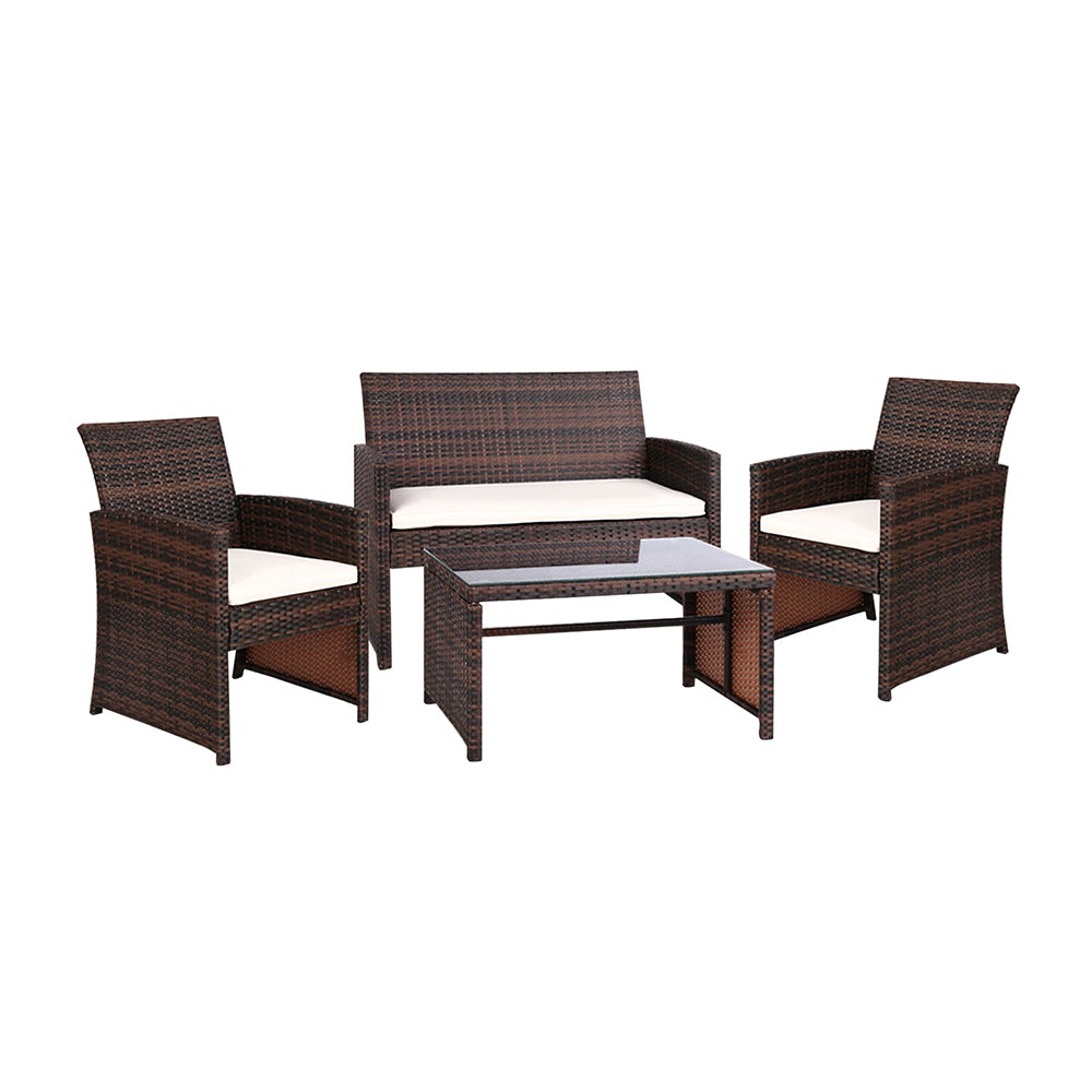 Gardeon Set of 4 Outdoor Wicker Chairs and Table in Brown with beige cushions, showcasing a stylish outdoor seating arrangement.