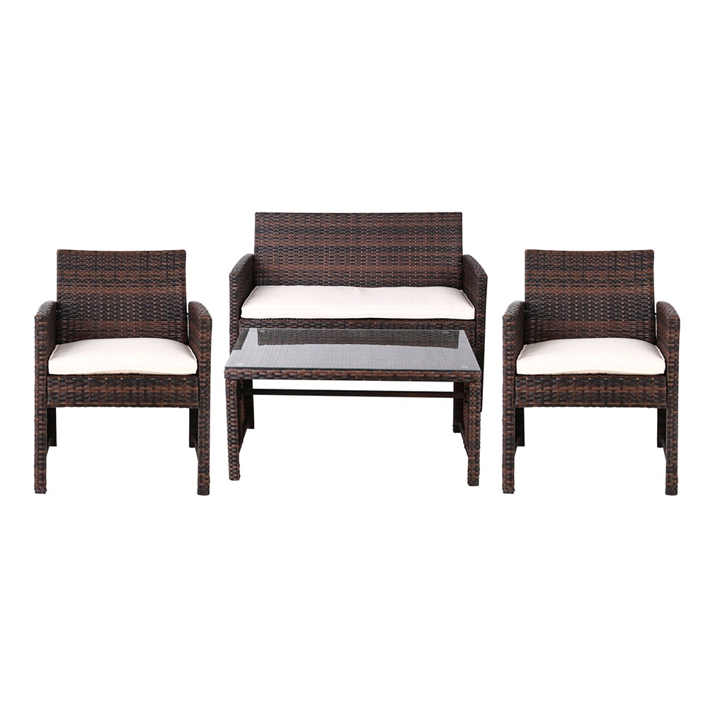 Gardeon Set of 4 Outdoor Wicker Chairs and Table in Brown with beige cushions, showcasing a stylish outdoor seating arrangement.