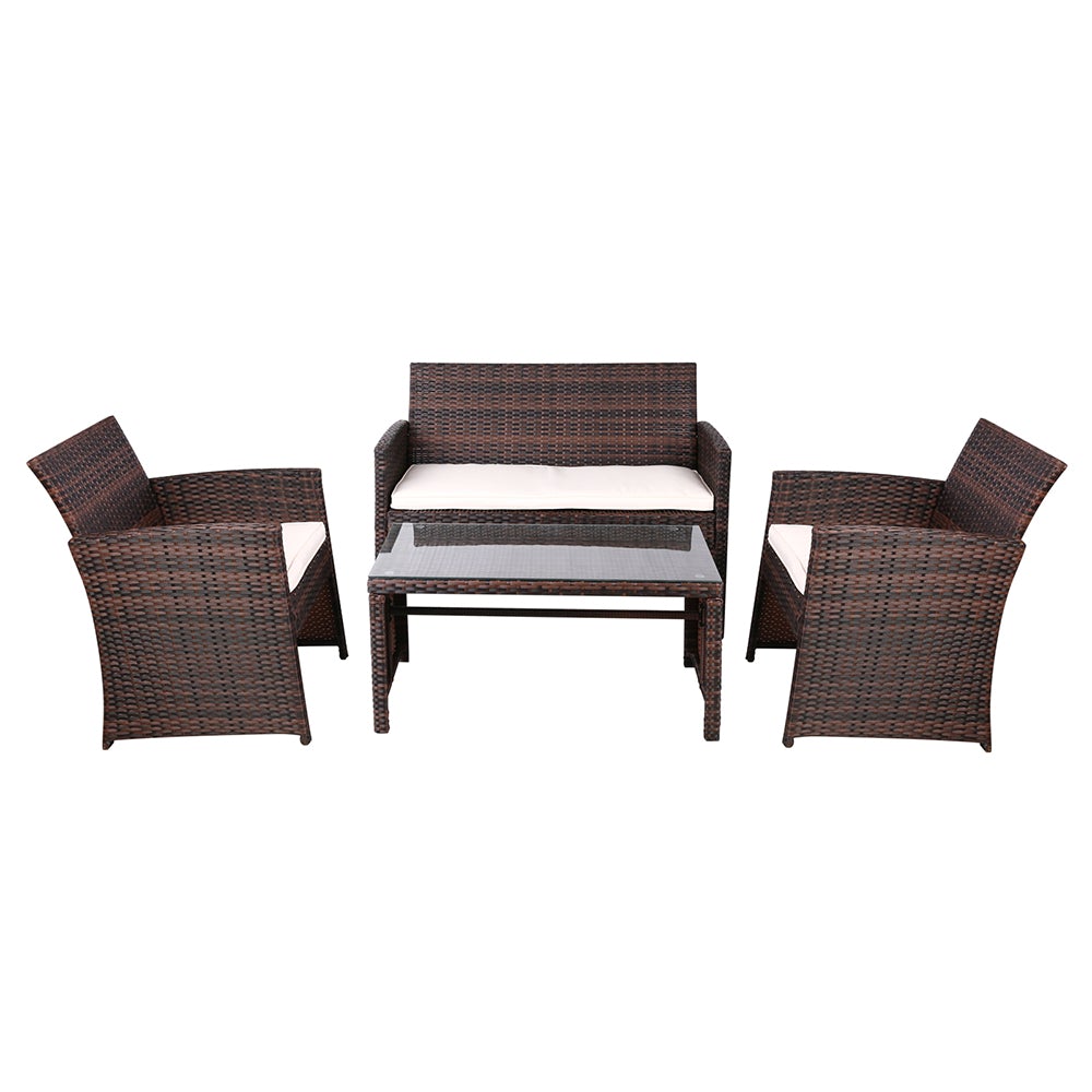 Gardeon Set of 4 Outdoor Wicker Chairs and Table in Brown with beige cushions, showcasing a stylish outdoor seating arrangement.