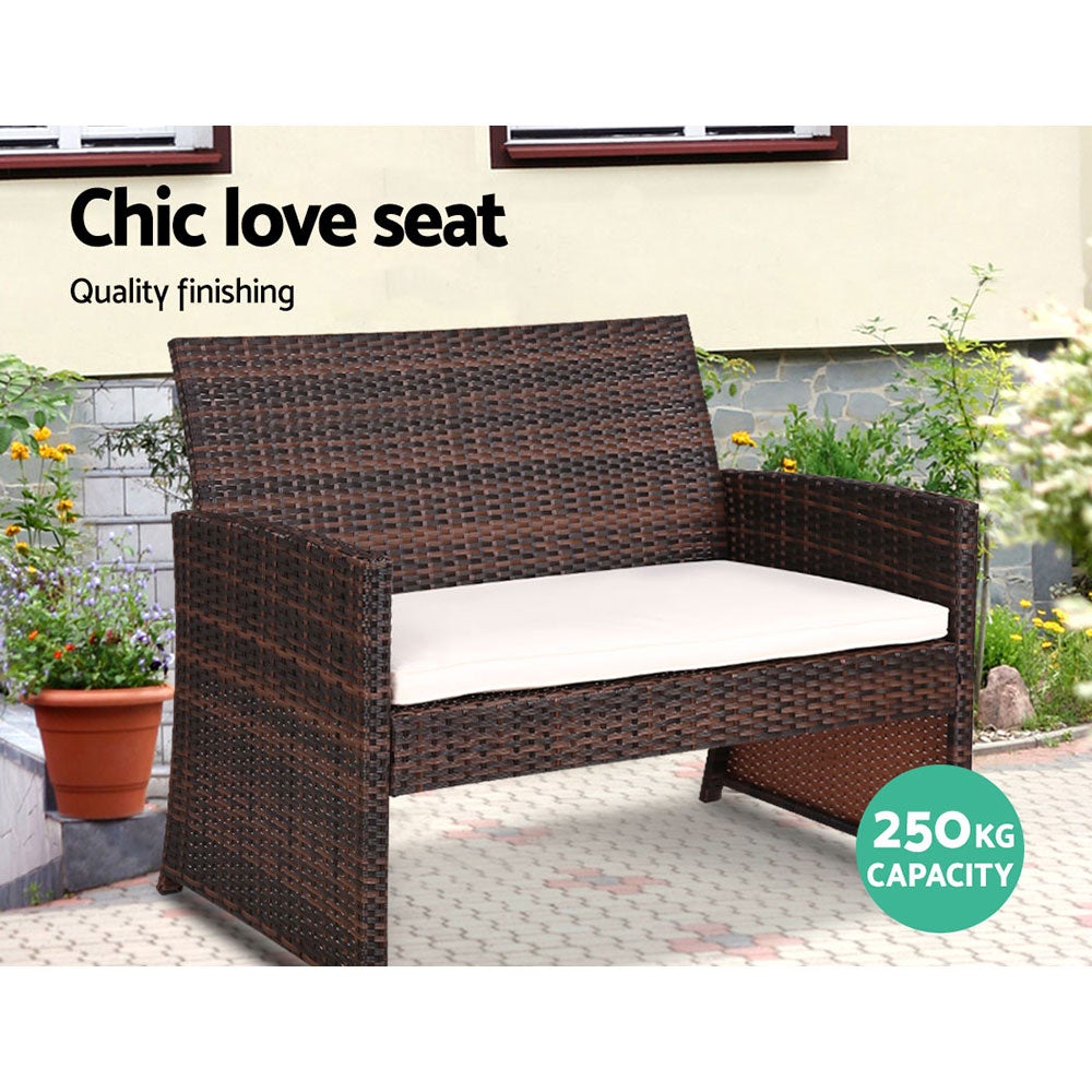 Gardeon Set of 4 Outdoor Wicker Chairs and Table in Brown with beige cushions, showcasing a stylish outdoor seating arrangement.