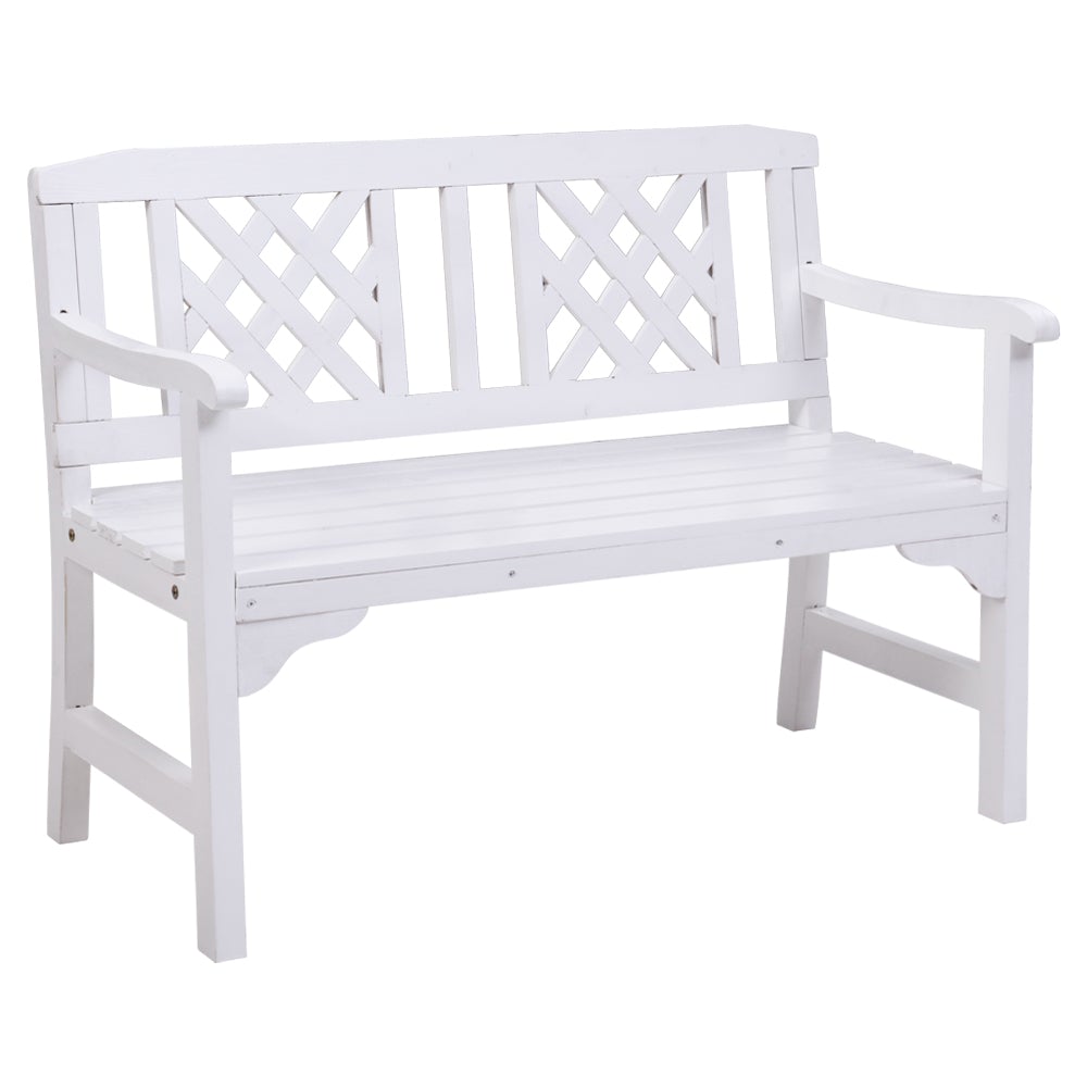 Gardeon Wooden Garden Bench featuring rustic design, handcrafted natural fir wood, and lattice-pattern backrest, suitable for outdoor and indoor use.