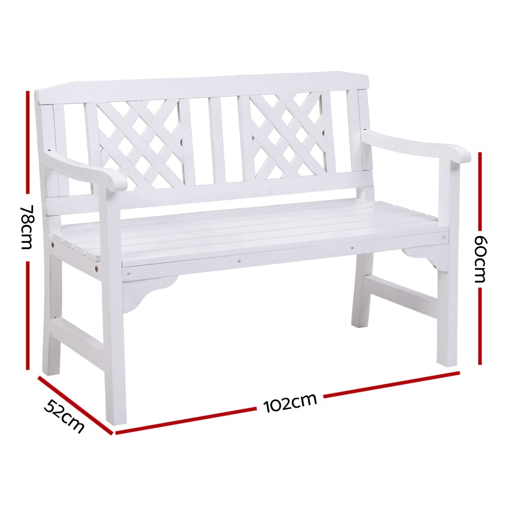 Gardeon Wooden Garden Bench featuring rustic design, handcrafted natural fir wood, and lattice-pattern backrest, suitable for outdoor and indoor use.