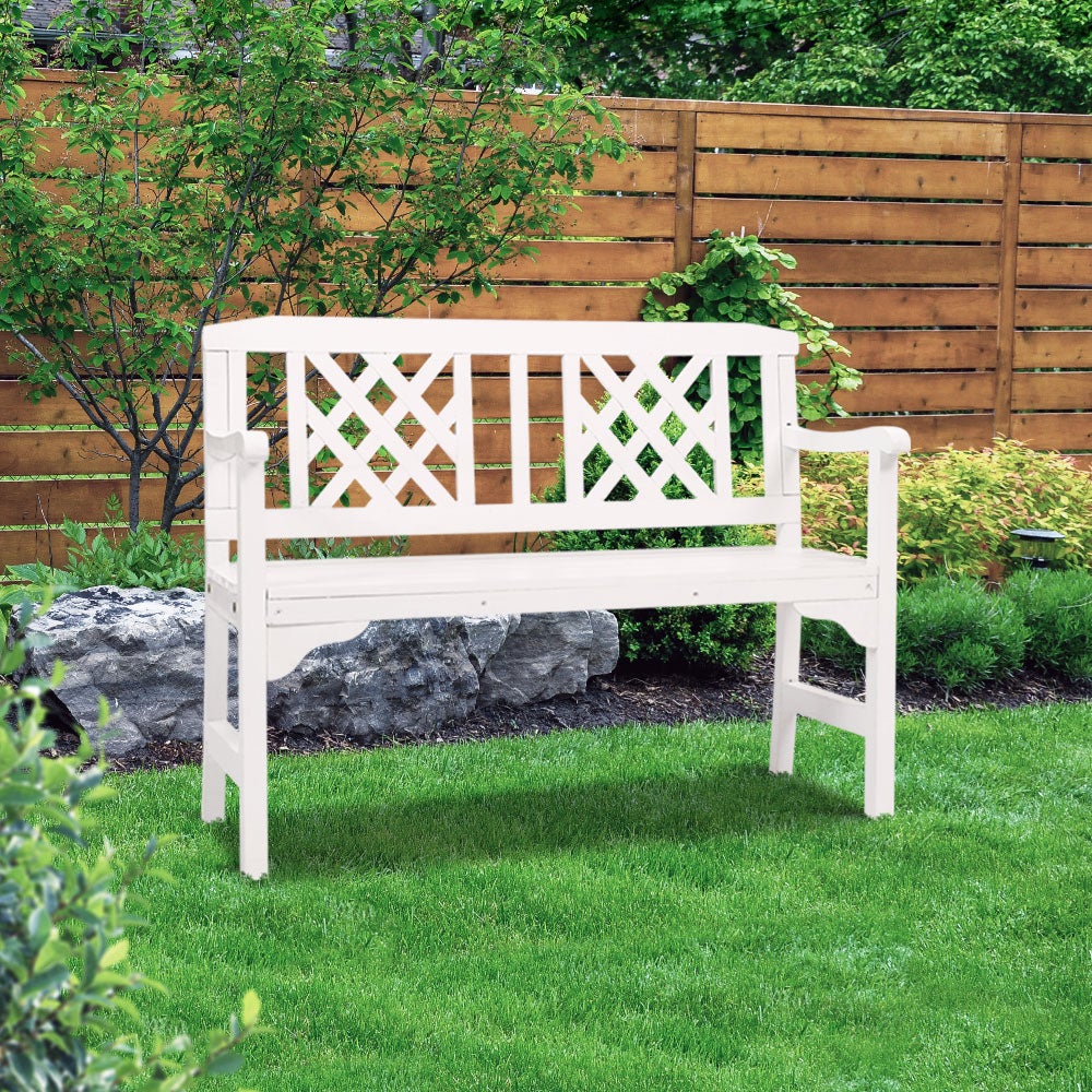 Gardeon Wooden Garden Bench featuring rustic design, handcrafted natural fir wood, and lattice-pattern backrest, suitable for outdoor and indoor use.