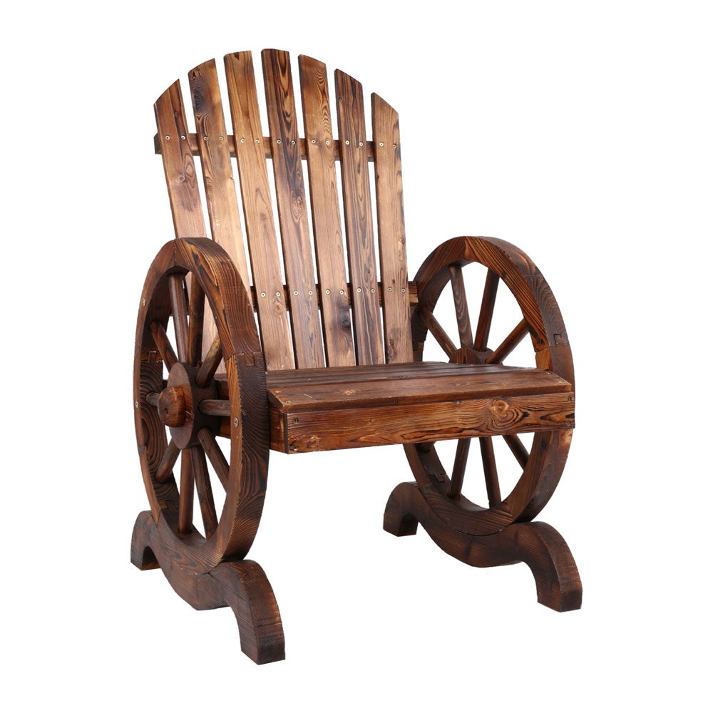 Gardeon Wooden Wagon Chair featuring rustic wagon-wheel armrests and a burnt wood finish, perfect for outdoor settings.