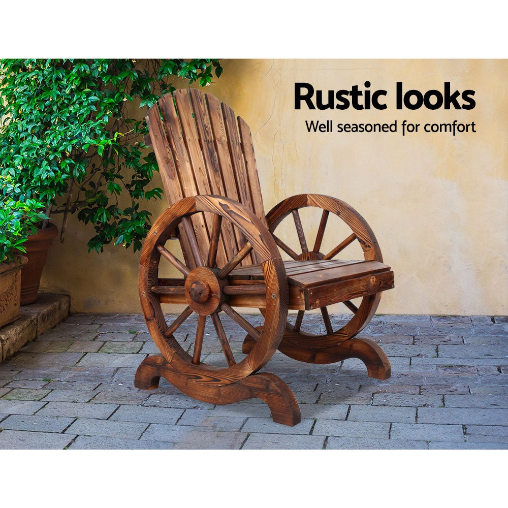 Gardeon Wooden Wagon Chair featuring rustic wagon-wheel armrests and a burnt wood finish, perfect for outdoor settings.