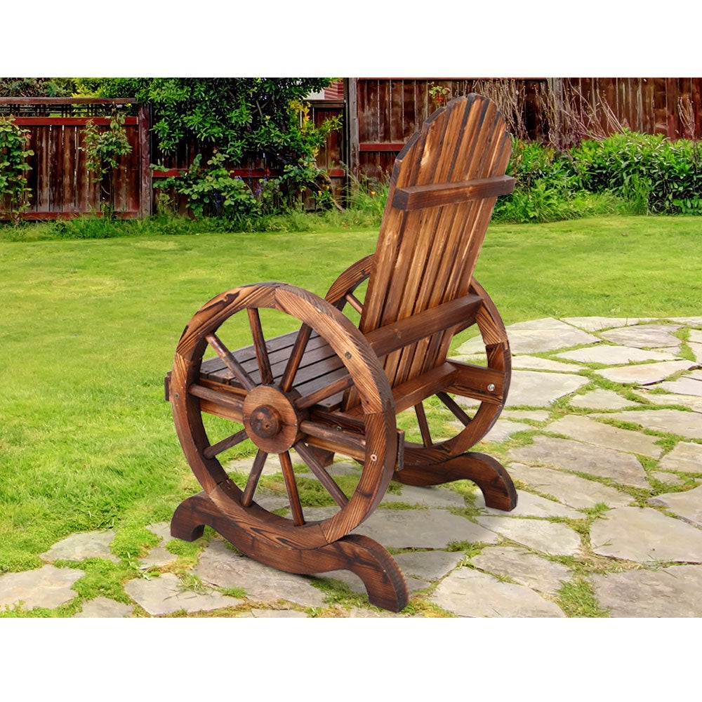 Gardeon Wooden Wagon Chair featuring rustic wagon-wheel armrests and a burnt wood finish, perfect for outdoor settings.