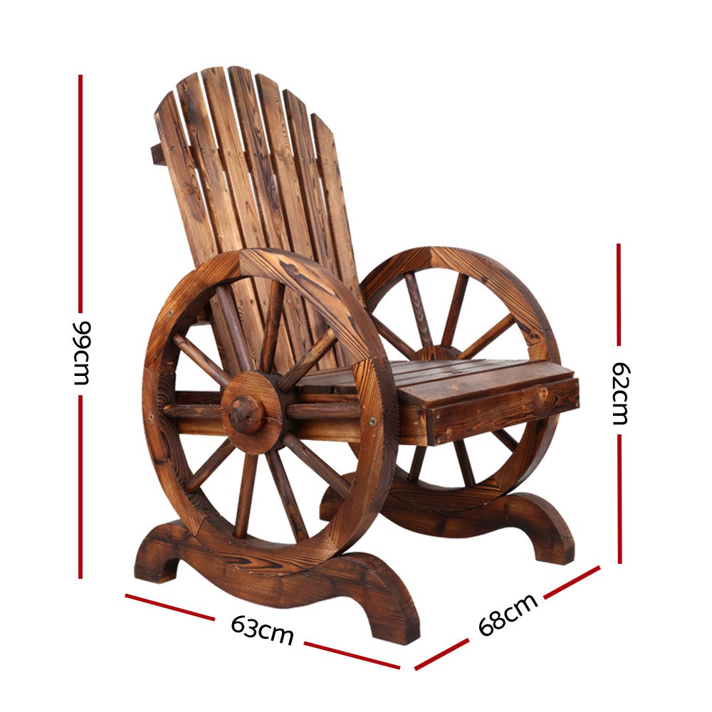 Gardeon Wooden Wagon Chair featuring rustic wagon-wheel armrests and a burnt wood finish, perfect for outdoor settings.