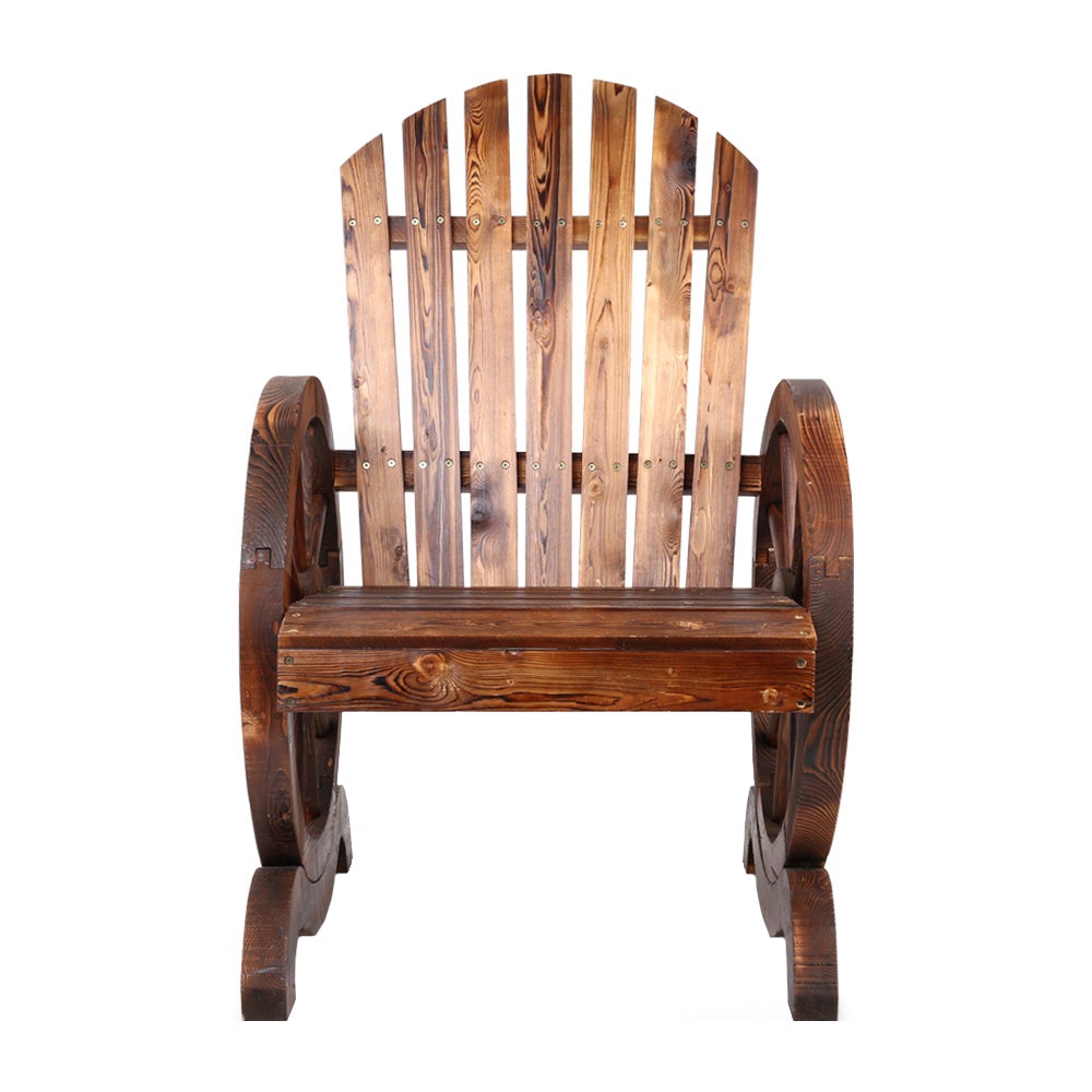 Gardeon Wooden Wagon Chair featuring rustic wagon-wheel armrests and a burnt wood finish, perfect for outdoor settings.