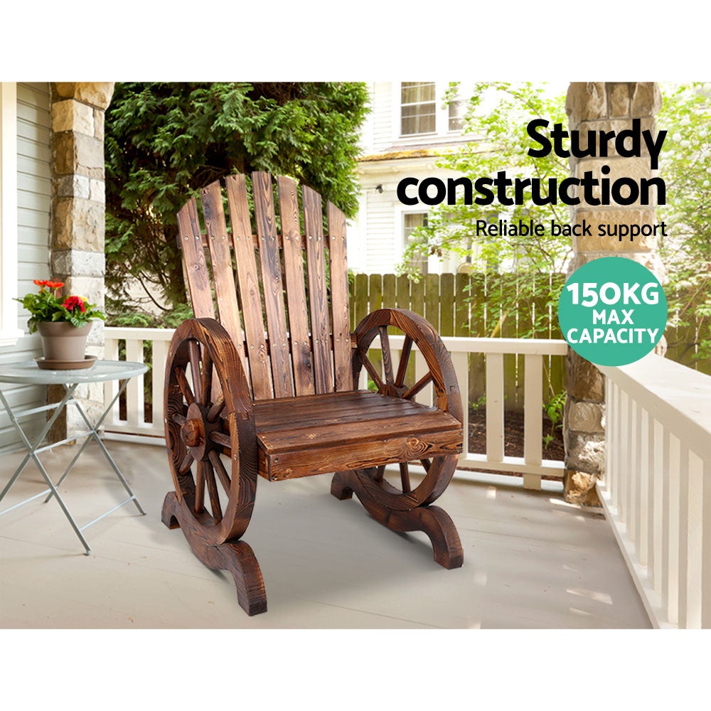 Gardeon Wooden Wagon Chair featuring rustic wagon-wheel armrests and a burnt wood finish, perfect for outdoor settings.