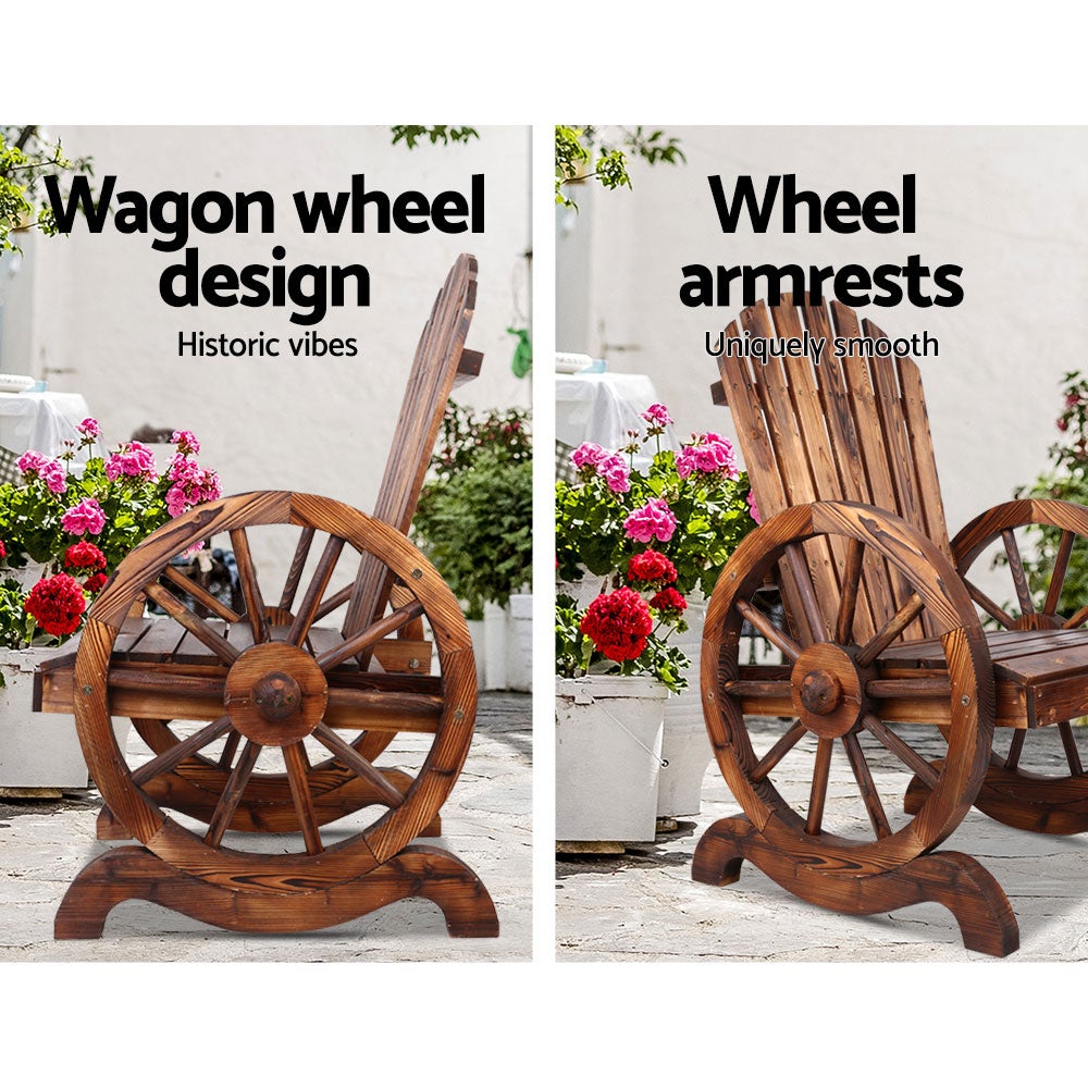 Gardeon Wooden Wagon Chair featuring rustic wagon-wheel armrests and a burnt wood finish, perfect for outdoor settings.