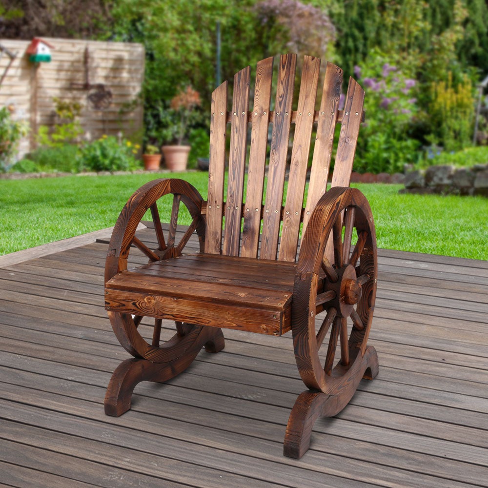 Gardeon Wooden Wagon Chair featuring rustic wagon-wheel armrests and a burnt wood finish, perfect for outdoor settings.