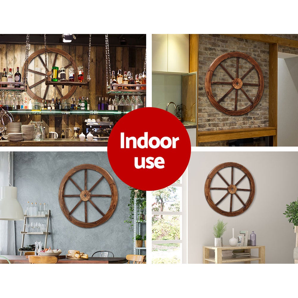 Gardeon Wooden Wagon Wheel made of fir wood with a rustic burnt finish, perfect for indoor and outdoor decor.