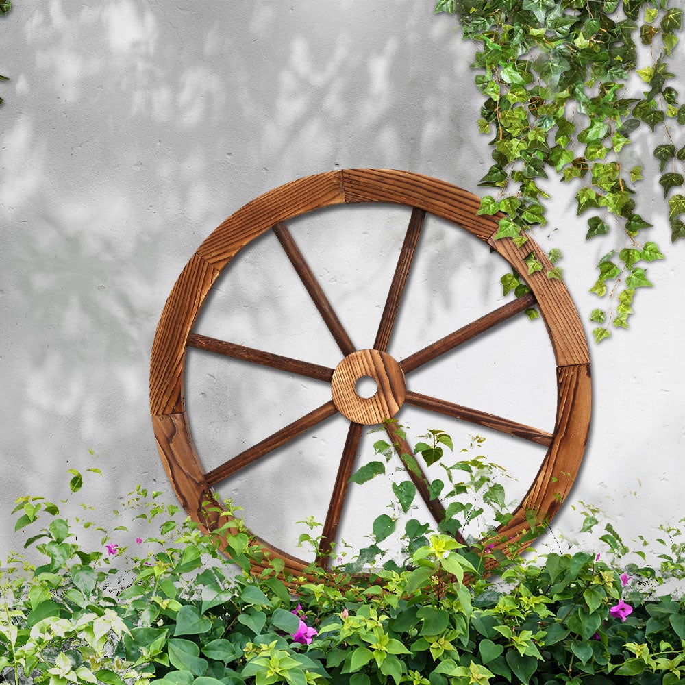 Gardeon Wooden Wagon Wheel made of fir wood with a rustic burnt finish, perfect for indoor and outdoor decor.