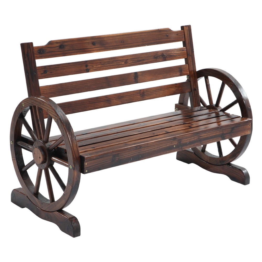 Gardeon Wooden Wagon Wheel Bench made of Canadian Fir wood, featuring rustic wagon-wheel armrests and a burnt wood finish, perfect for outdoor seating.